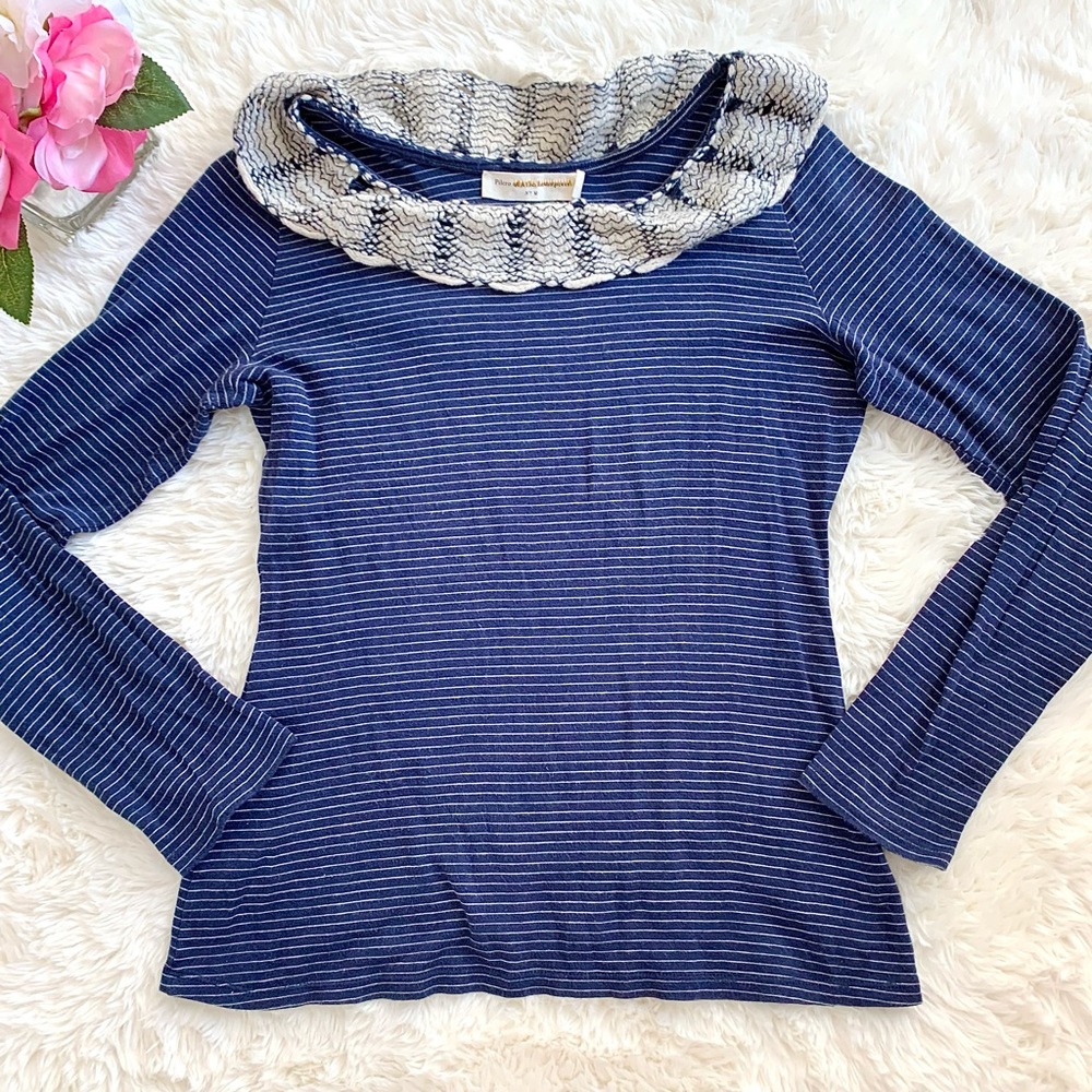 Anthropologie Pilcro Blue Striped Crochet Ruffle Neck Wool blend Sweater MED